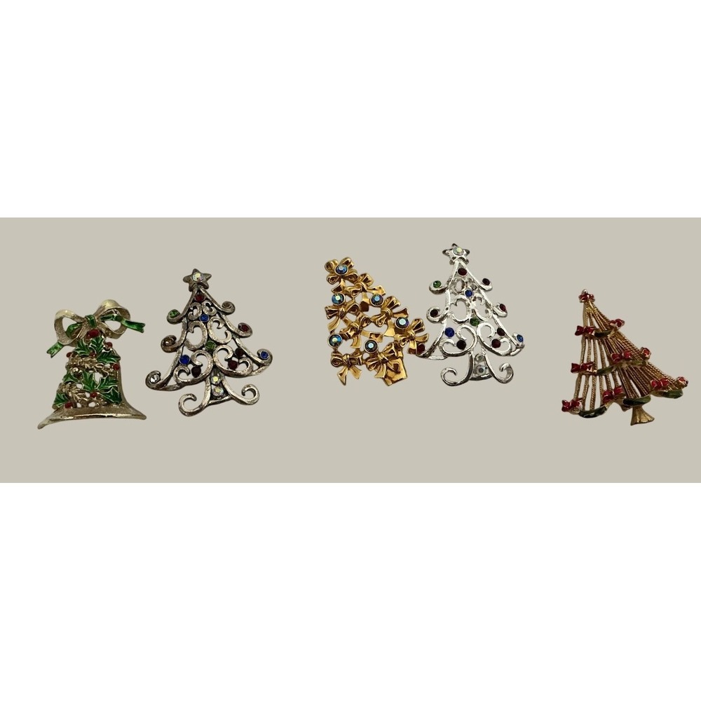 Vintage Christmas Tree Bell Brooch Pin Lot 5 Rhinestone Enamel Gold Silver Tone
